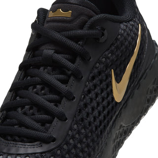 Men's black sneaker upper with black laces and metallic gold accents