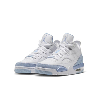 Pair of white and pale blue Son Of Mars youth high-top sneakers, front three-quarter view