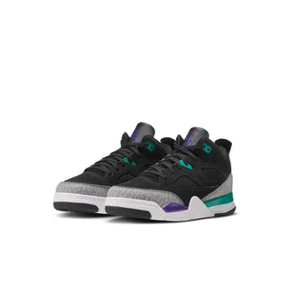Kids black lace-up sneakers with teal and purple accents and white midsole
