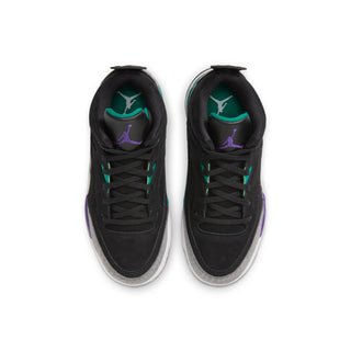Kids black sneakers with purple and teal logos; lace-up front view