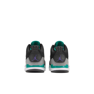 Kids black sneakers with gray panels, teal midsoles, and purple logo details