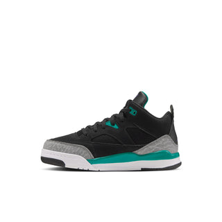 Kids black low-top sneakers with teal heel accents and white rubber sole