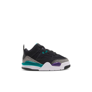 Toddler sneakers, black with teal and purple accents, white midsole and rubber sole