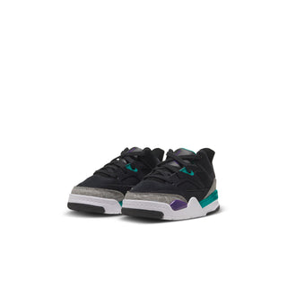 Toddler sneakers in black with teal laces and purple/teal side accents, white sole