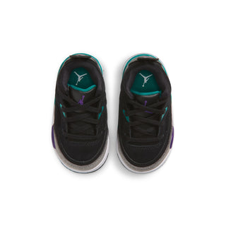 Toddler sneakers, black uppers with teal inner lining and purple heel accents