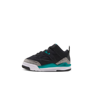 Toddler low-top sneakers, black with teal trim, white midsole, gray textured overlays