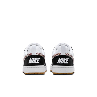 Youth low-top sneakers, white with black heel and leopard print Swoosh accents