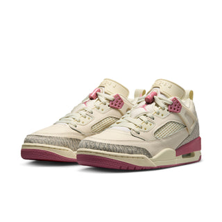 Women’s low-top sneakers, pale ivory upper with pink lace detail and red sole
