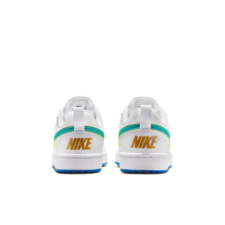 Youth low-top sneakers back view, white with teal heel stripe and yellow accents, blue sole