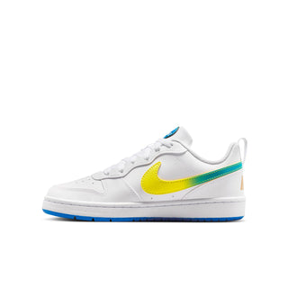 Youth low-top sneakers side profile, white leather with yellow swoosh, teal-green stripe, blue sole
