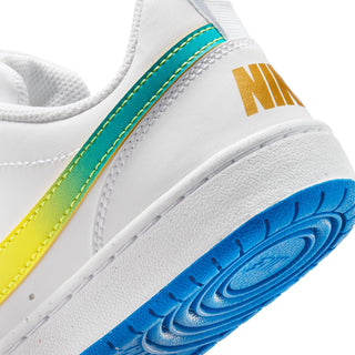 Youth low-top sneakers side detail, yellow-teal trim and blue tread, white leather upper