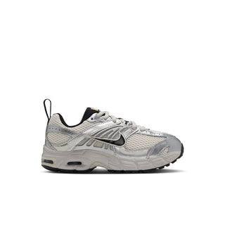 Nike Air Max Moto 2K kids' sneaker in light bone and silver, side view with black accents.