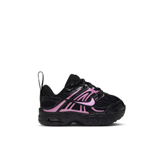 Black toddler sneakers with pink accents, lace-up with logo and cushioned sole