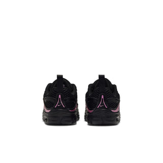 Black toddler sneakers with pink heel logo detail and rear view
