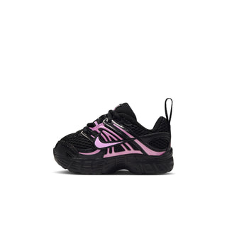 Black toddler sneakers with pink Swoosh and side stripe accents, lace-up