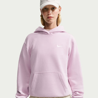 Lilac hoodie with adjustable hood, kangaroo pocket, and small white logo on chest