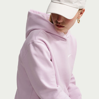 Lilac hoodie sleeve with small white chest logo and hood