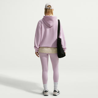 Lilac hoodie viewed from back with hood