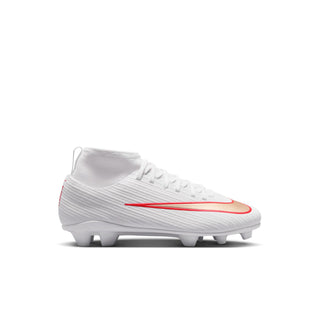 Kids white soccer cleat with red swoosh and molded studs for FG/MG use