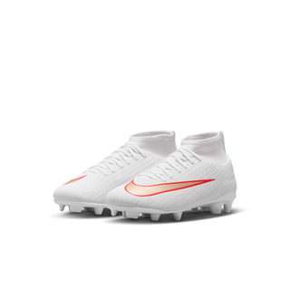 Kids white soccer cleat side view with red swoosh and lace-up upper