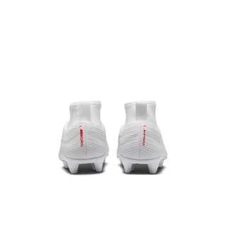 Kids white soccer cleat rear view with red accents and molded heel studs