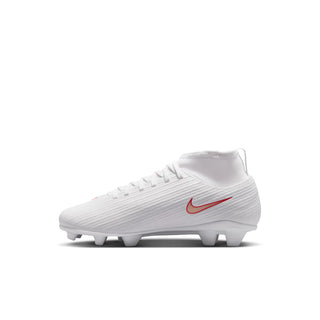Kids white soccer cleat angled side view with red swoosh and firm ground studs