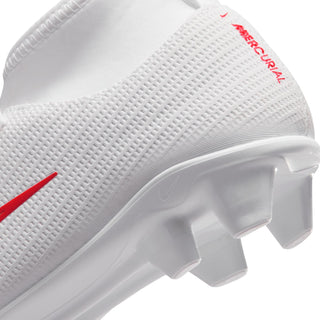 White kids cleat with red brand text on collar and TPU heel stud panel