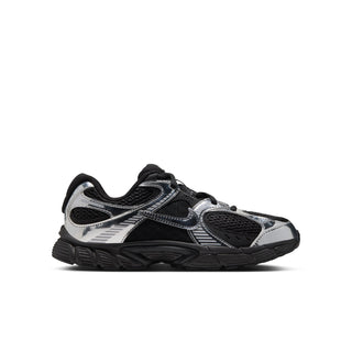 Youth black and metallic silver running shoe with lace-up front and sporty sole