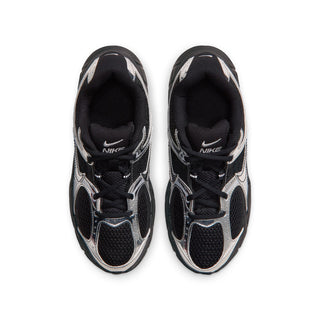 Youth black and metallic silver sneakers, front view with black laces and cushioned tongue