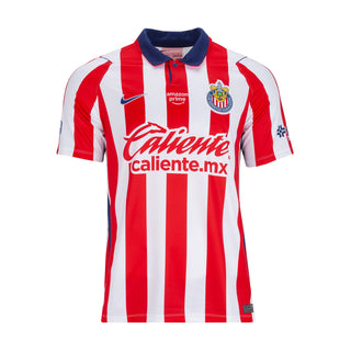 Red and white striped men’s home soccer jersey with blue collar and team badge