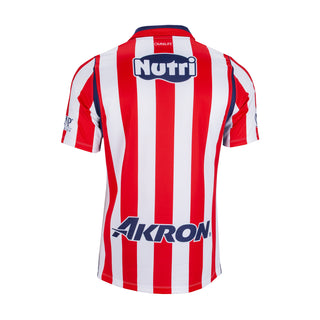 Red and white striped men’s soccer jersey, back view with sponsor logos