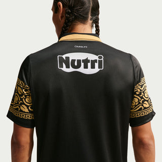 Mens black soccer jersey back with NUTRI Omnilife text and gold patterned sleeve bands