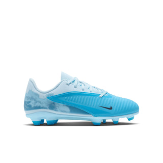 Youth soccer cleats, light blue upper with teal logo, FG/MG studs and laces