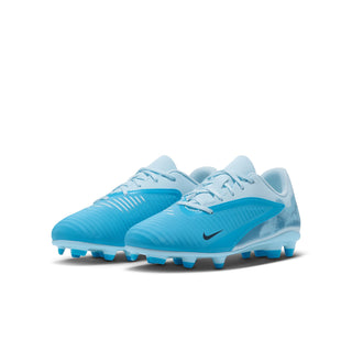 Youth soccer cleats pair in light blue with teal accents, TPU stud sole and laces