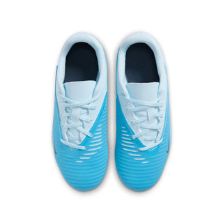 Youth light blue soccer cleats with white laces, dark lining, two-shoe top view