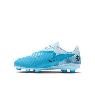 Youth soccer cleats with sky-blue upper, teal swoosh, and FG/MG stud sole