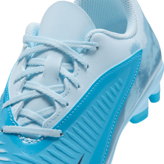 Youth light blue soccer cleat upper close-up with white laces and textured side