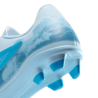 Youth light blue cleat side close-up with TPU studs and smooth synthetic upper