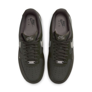 Men's Air Force 1 low-top sneakers, tongue and lace view, dark olive with gray accents