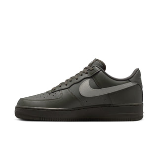 Men's Air Force 1 low-top sneaker side view, dark olive with silver Swoosh and laces