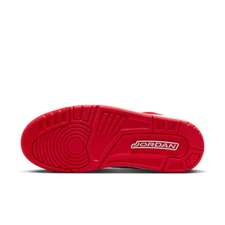 Red rubber outsole with JORDAN logo and traction tread for women’s sneakers