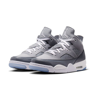 Pair of cool grey low-top lace-up sneakers with perforated toe and white midsole