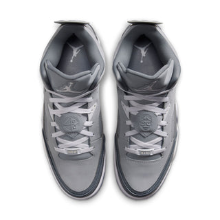 Top view of cool grey low-top sneakers showing tongues, laces, and inner lining