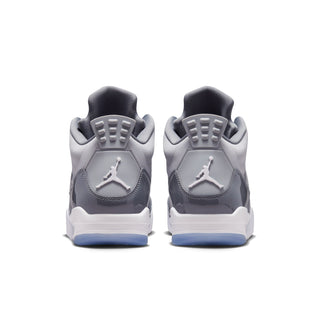 Back view of cool grey low-top sneakers with Jumpman heel logo and white sole