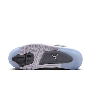 Outsole view of cool grey low-top sneakers with Jordan logo and patterned tread