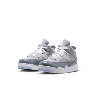 Kids' low profile mid-top sneakers pair in cool grey and white, lace-up design