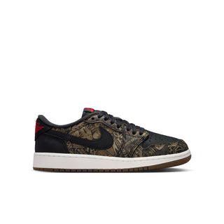 Youth low-top sneakers, black upper with gold pattern, red accents, white midsole