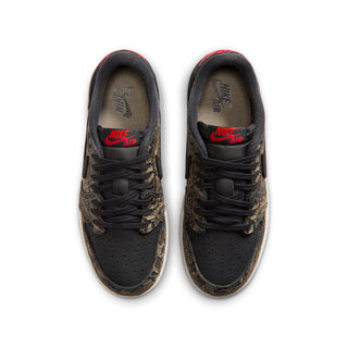 Youth low-top sneakers pair, black with gold pattern and red logos, lace-up