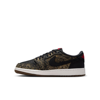 Youth low-top sneakers, front three-quarter view; black and gold patterned upper, red details