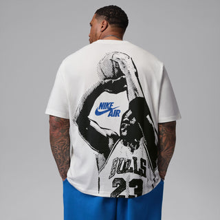 Men's white crew-neck T-shirt with large back graphic featuring Nike Air and Jordan lettering